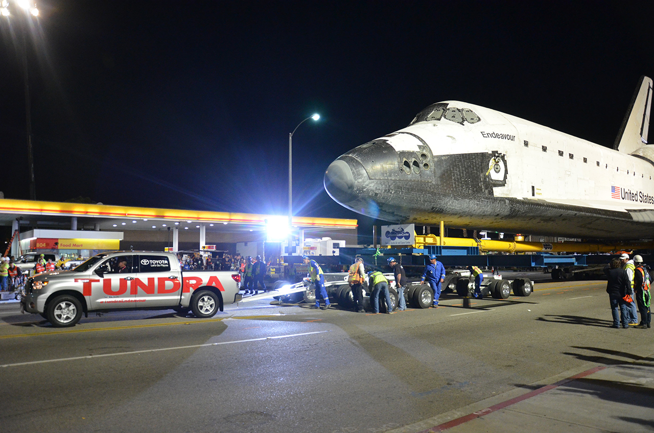 Shuttle Endeavour Towed by Toyota Truck Over L.A. Freeway